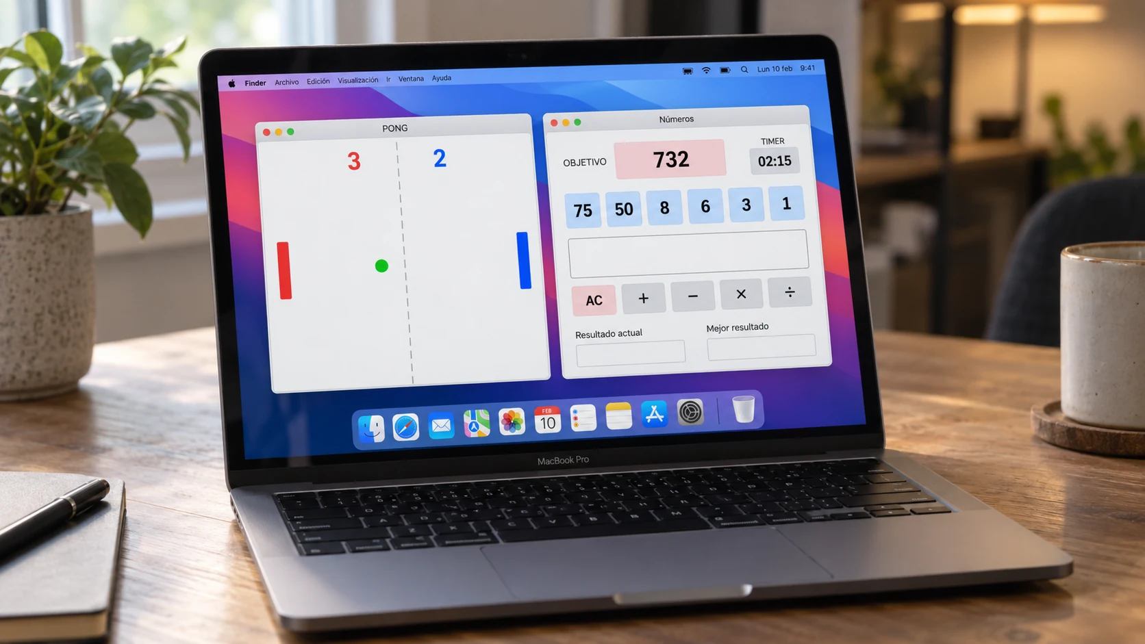 Portátil con un juego de cifras, operaciones y temporizador en pantalla.