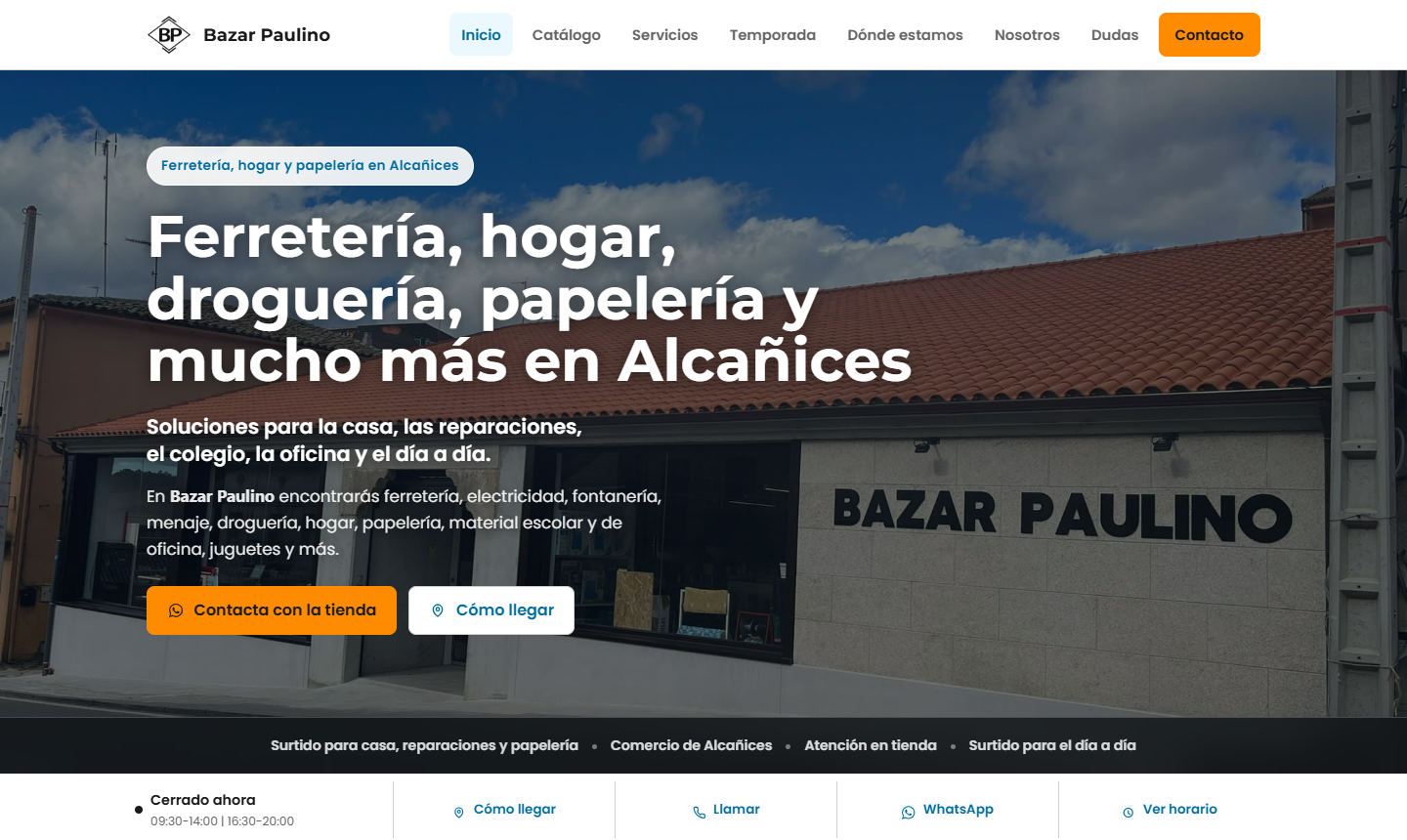 Captura de la página inicial de Bazar Paulino con la fachada de la tienda, el menú y la presentación de sus productos en Alcañices.