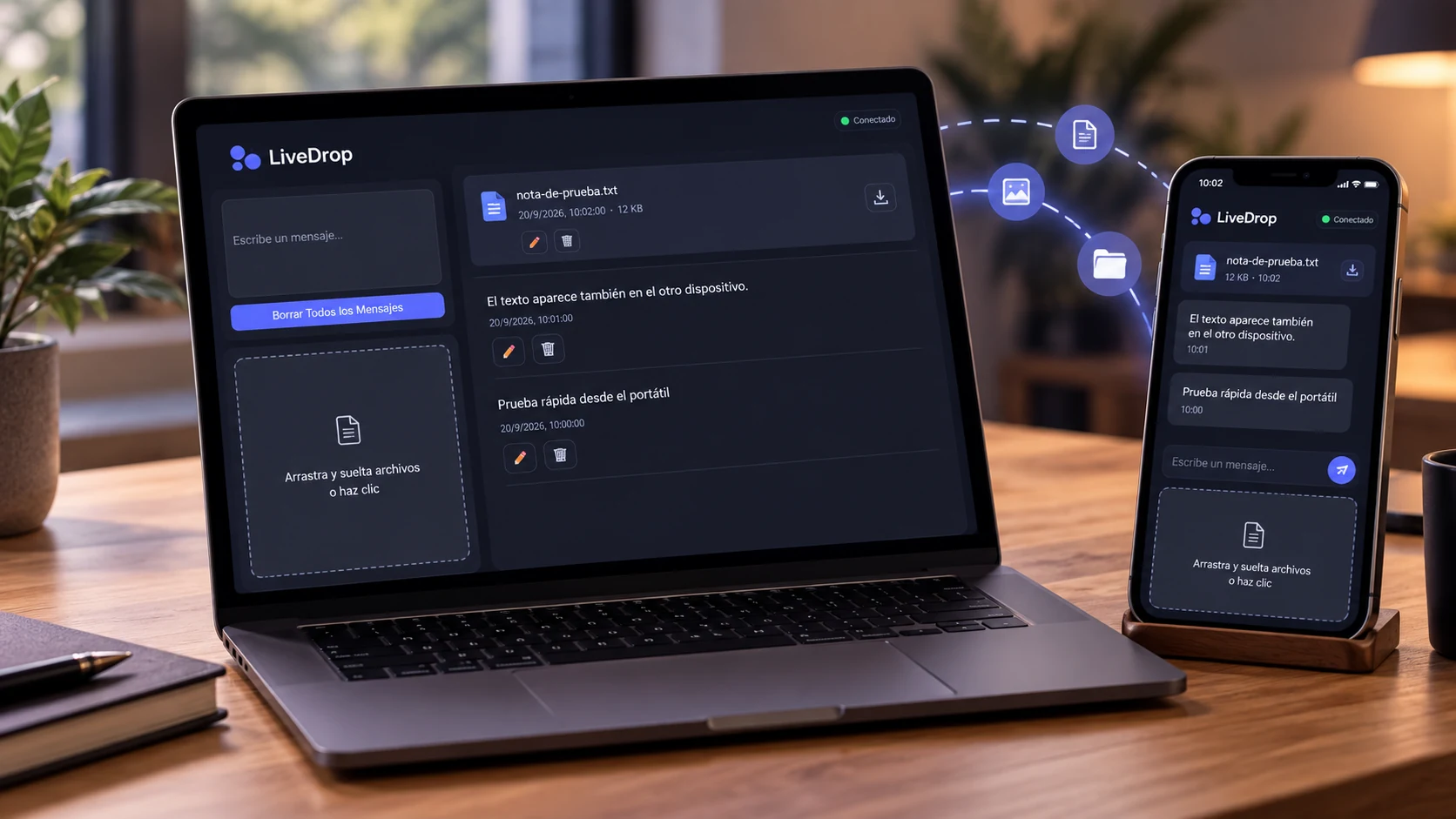 Pantalla del prototipo SyncShare con mensajes, un archivo compartido y una zona para arrastrar archivos.