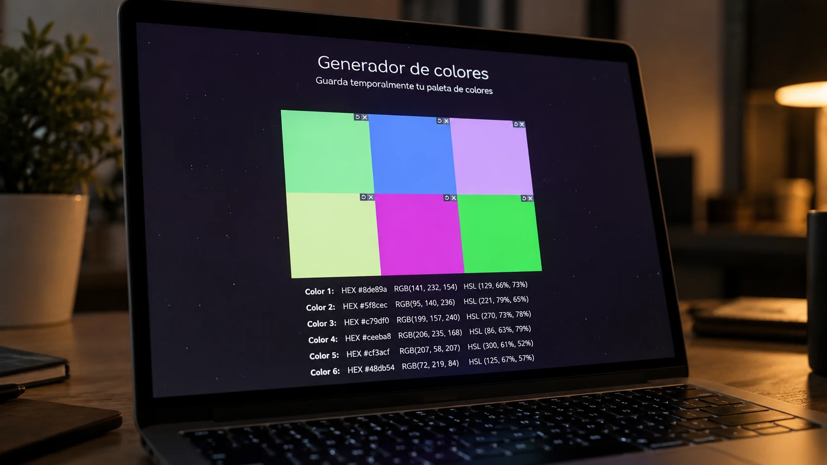 Paleta de seis colores con sus valores HEX, RGB y HSL bajo cada muestra.