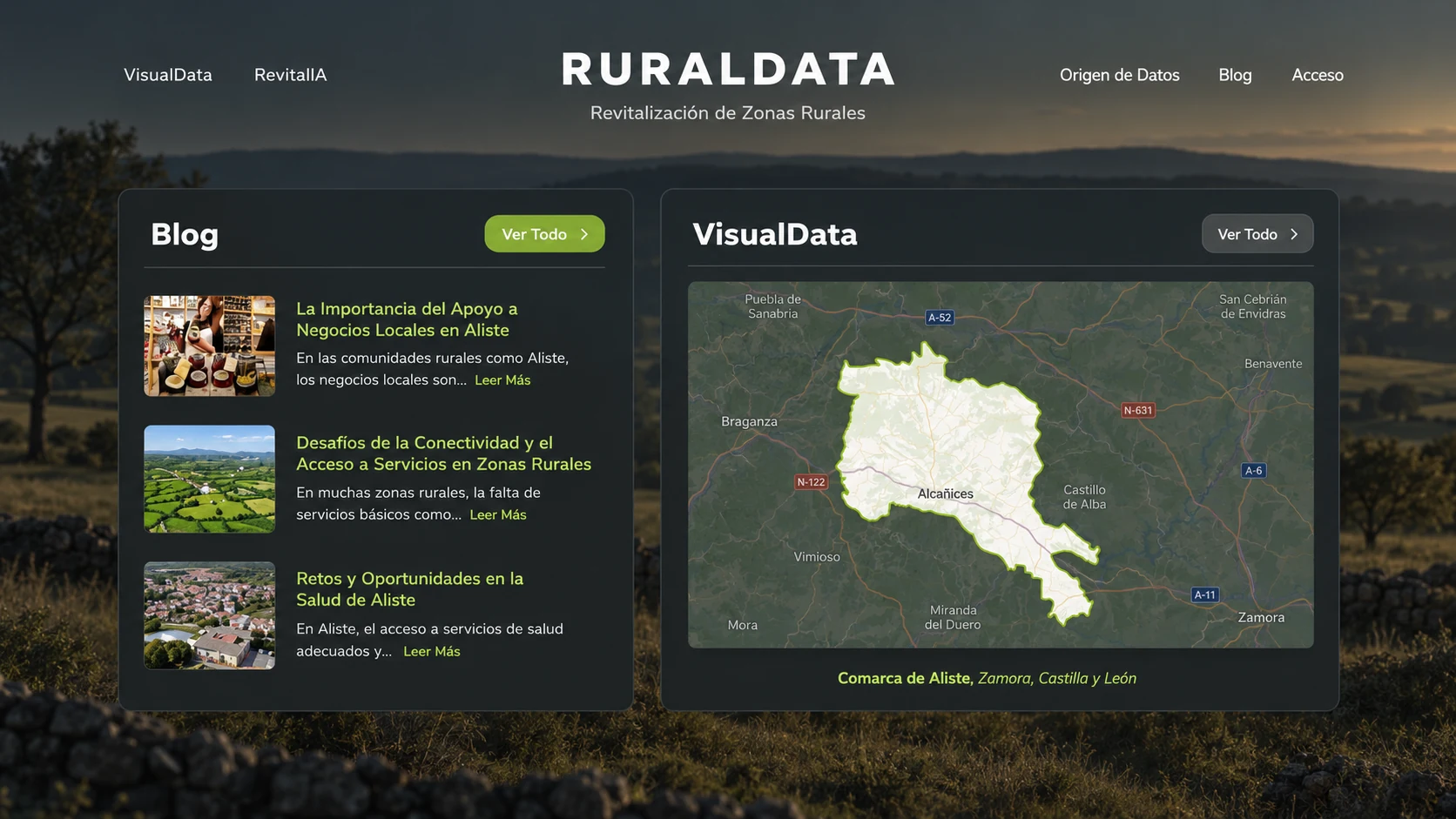Portada de RuralData con contenidos sobre revitalización rural y un mapa de la comarca de Aliste.