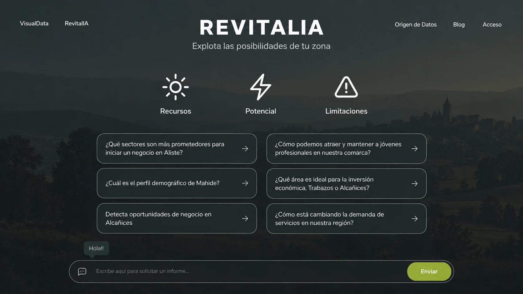 Pantalla de RevitalIA con preguntas sugeridas sobre recursos, potencial y limitaciones de Aliste.