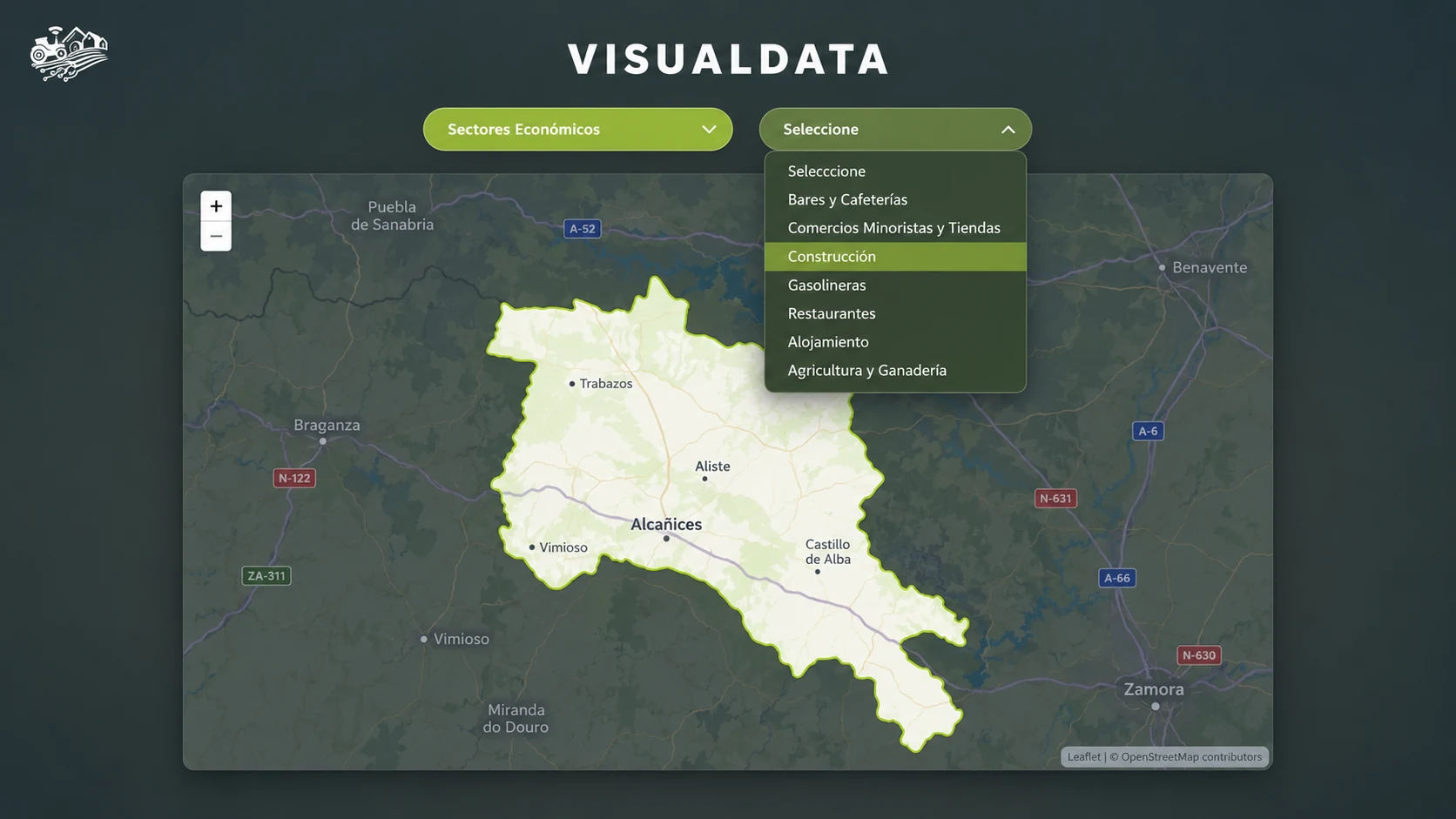 Pantalla de VisualData con el mapa de Aliste y un selector de sectores económicos.