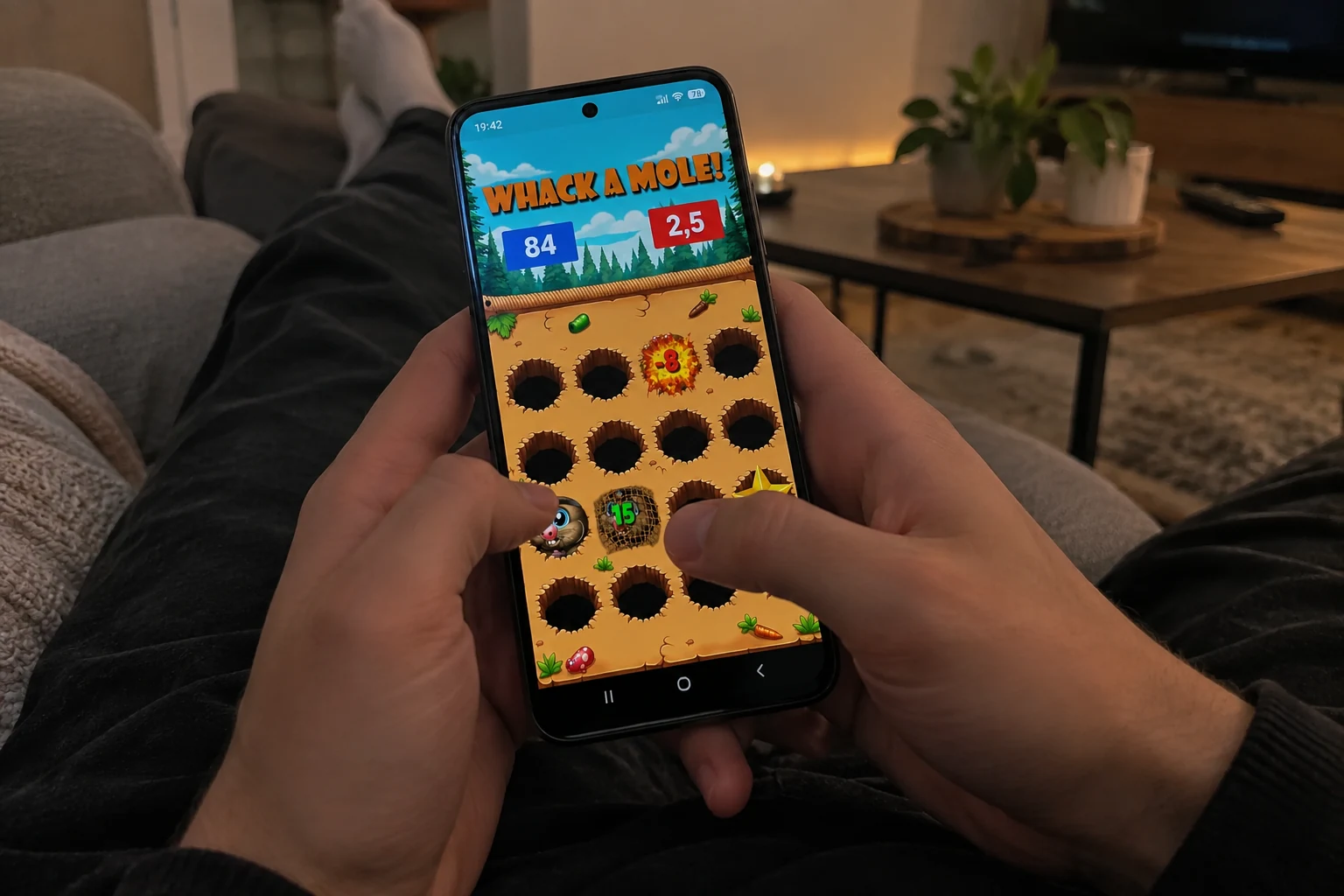 Recreación de WhackAMole en un teléfono, conservando el tablero naranja, los topos y el paisaje del diseño original.