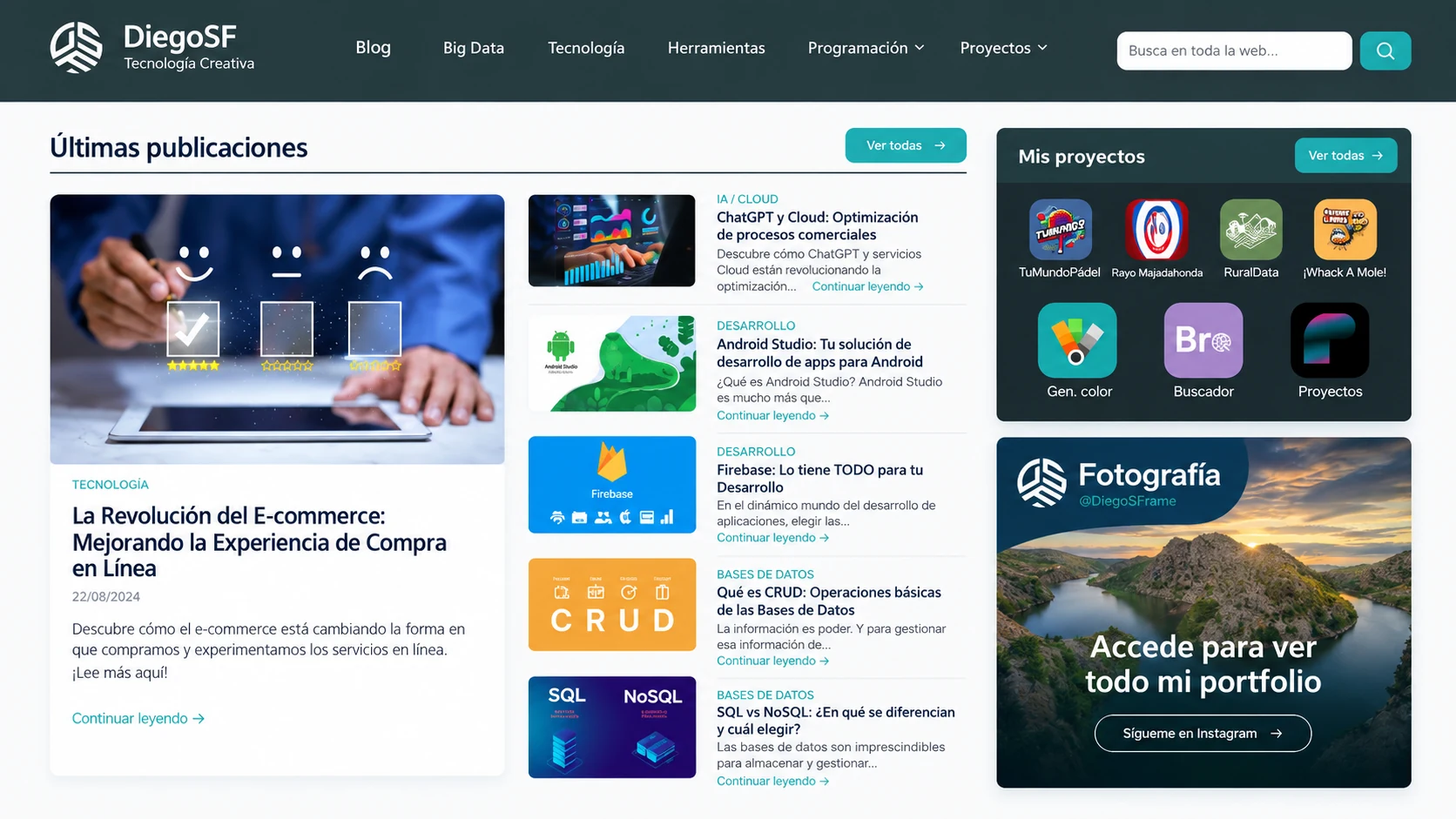 Portada de la web personal DiegoSF.es, con artículos, categorías y una selección de proyectos.