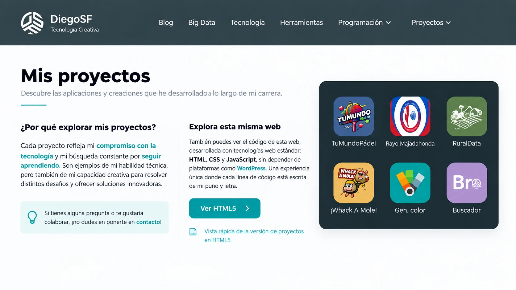 Página de proyectos de DiegoSF.es con textos y accesos visuales a distintas herramientas.