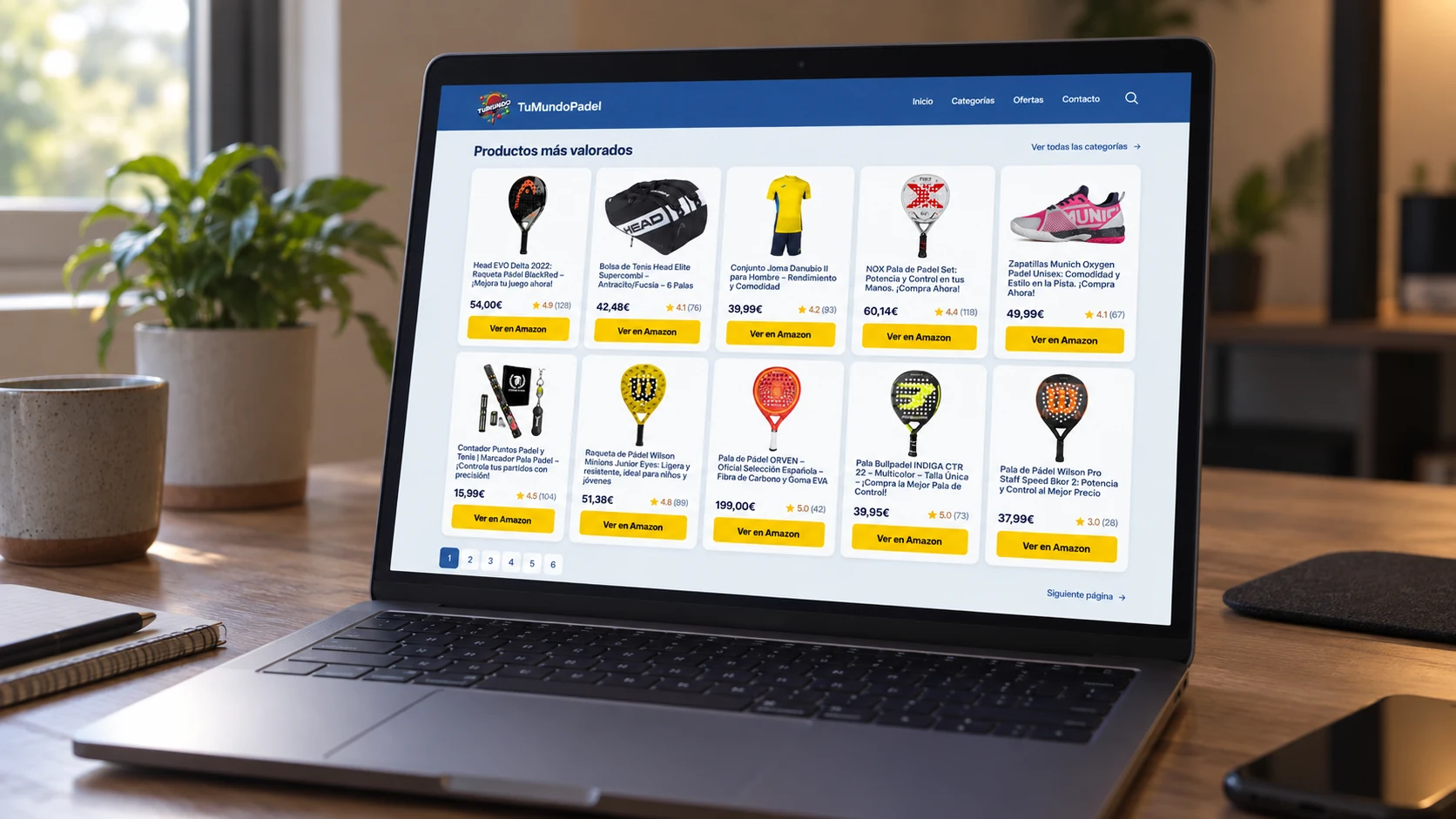 Portada de TuMundoPadel con una cuadrícula de equipamiento, precios y accesos a fichas.